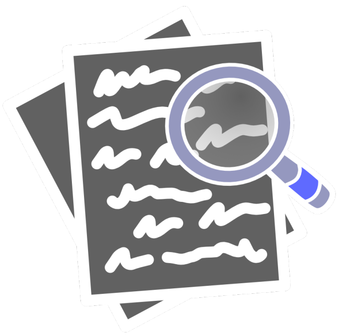 two stacked grey pages are covered in white scribbles, a blue magnifying glass hovers over it. The image has light line art.